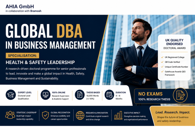 DBA in Health and Safety Leadership - doctoral programme overview, 100% online, thesis-based, 4-6 months