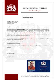 Royale Business College UK authorisation certificate