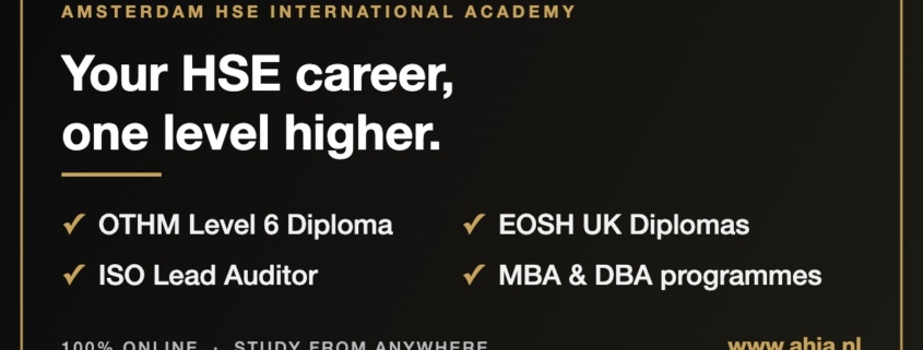 AHIA online HSE programmes: OTHM Level 6, EOSH UK diplomas, ISO Lead Auditor, MBA and DBA